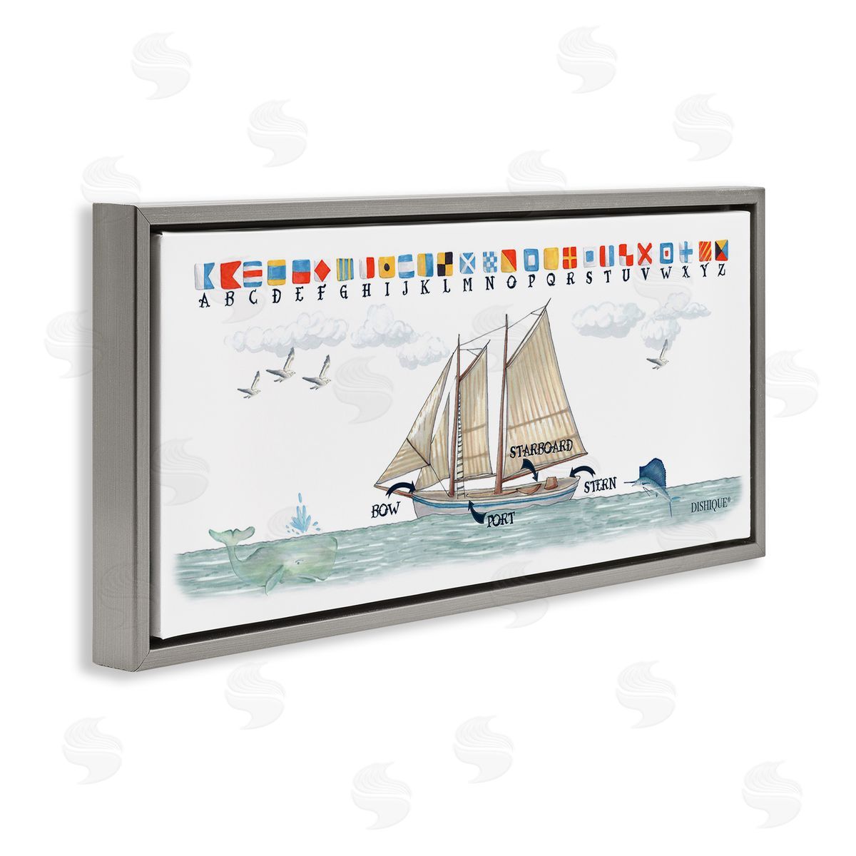 Nautical Sailing Flags Educational Grey Floating Frame Canvas Wall Art, Home Decor by Dishique