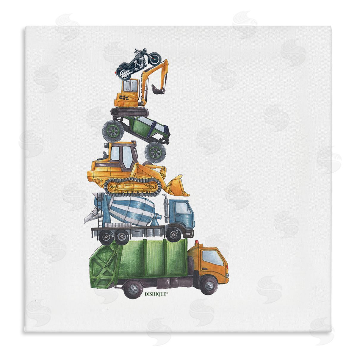 Dishique Balancing Trucks Construction Vehicles Stacked Automobiles Stretched Canvas Wall Art Print