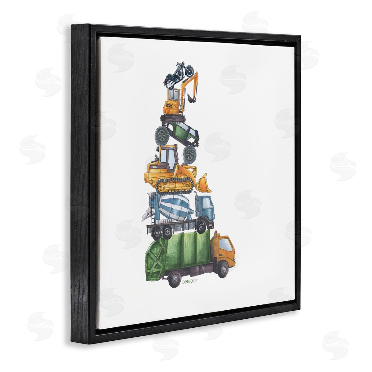 Dishique Balancing Trucks Construction Vehicles Stacked Automobiles Black Floating Frame Canvas Wall Art Print