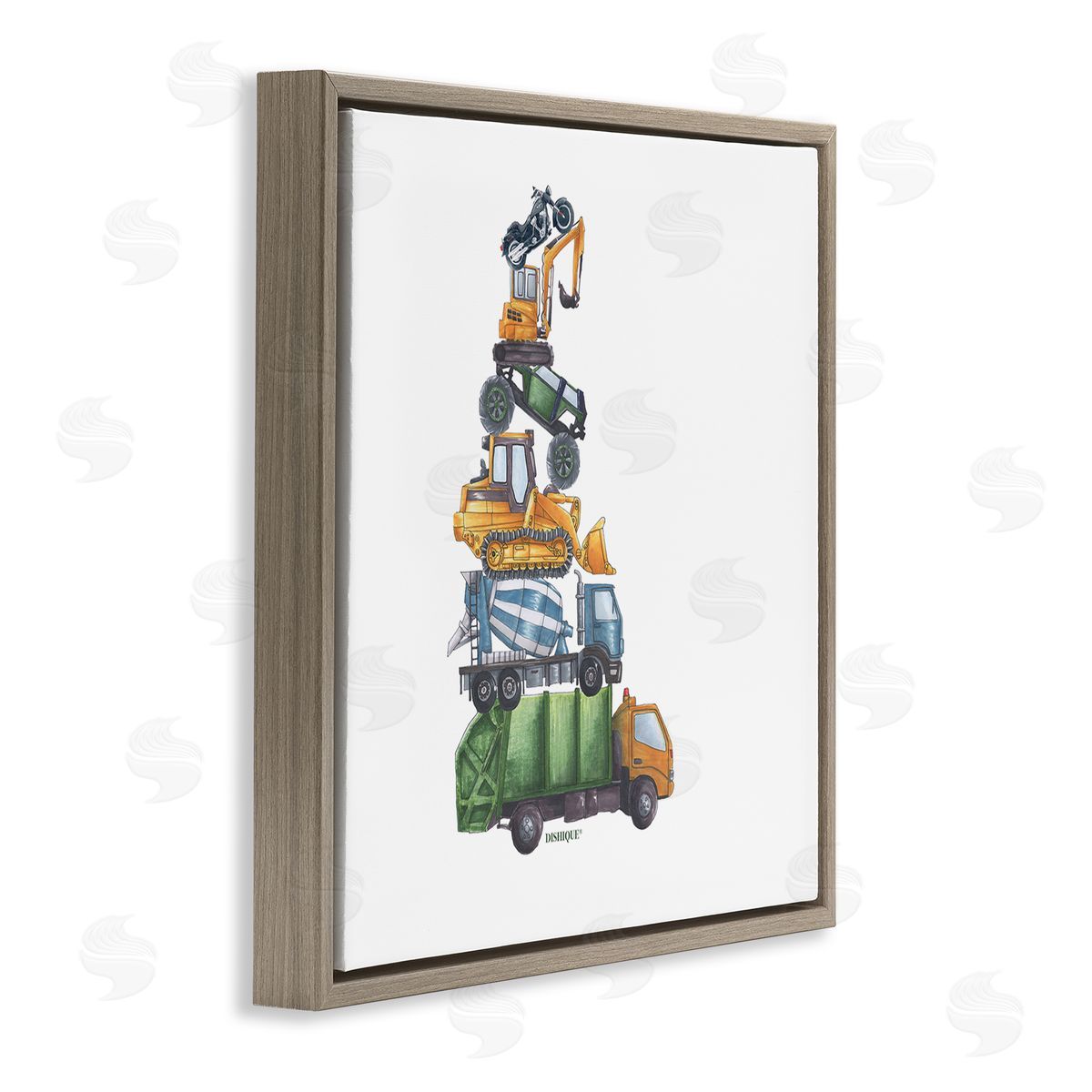Dishique Balancing Trucks Construction Vehicles Stacked Automobiles Brown Floating Frame Canvas Wall Art Print