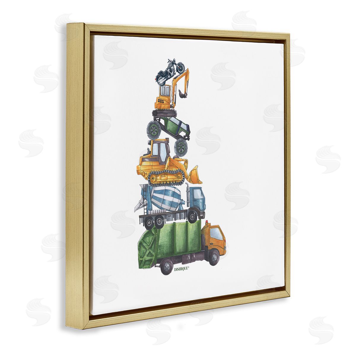Dishique Balancing Trucks Construction Vehicles Stacked Automobiles Gold Floating Frame Canvas Wall Art Print