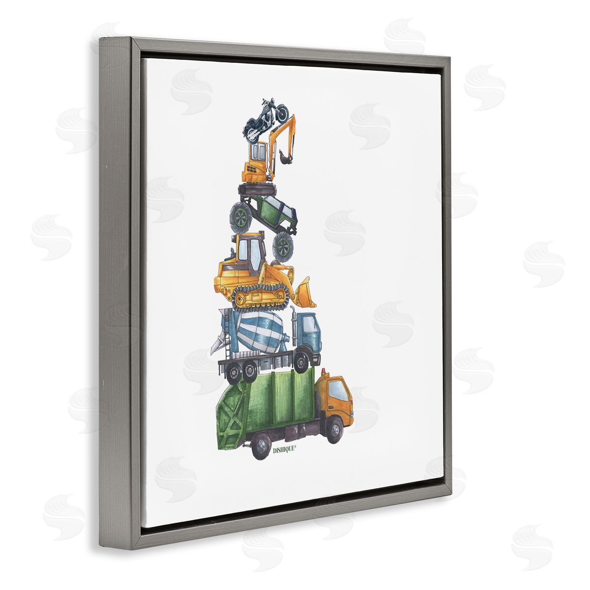 Dishique Balancing Trucks Construction Vehicles Stacked Automobiles Gray Floating Frame Canvas Wall Art Print