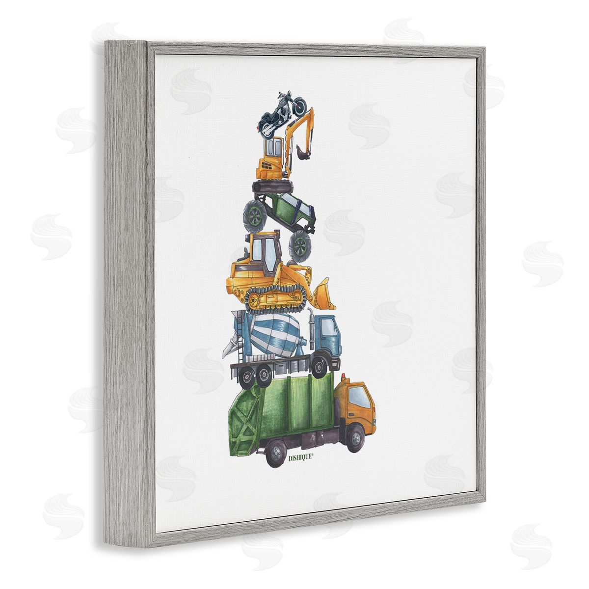 Dishique Balancing Trucks Construction Vehicles Stacked Automobiles Gray Framed Glicee Wall Art Print