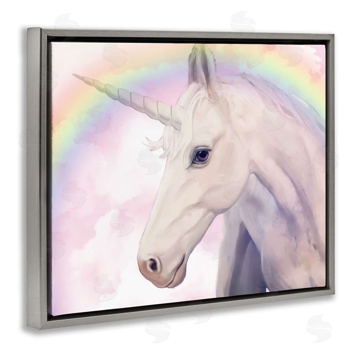 Detailed Unicorn Rainbow Clouds Grey Floating Frame Canvas Wall Art, Home Decor by Ziwei Li
