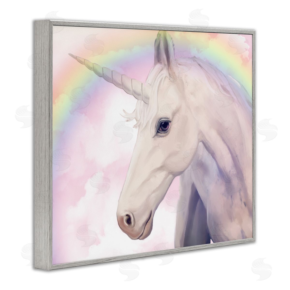 Detailed Unicorn Rainbow Clouds Grey Frame Print Wall Art, Home Decor by Ziwei Li
