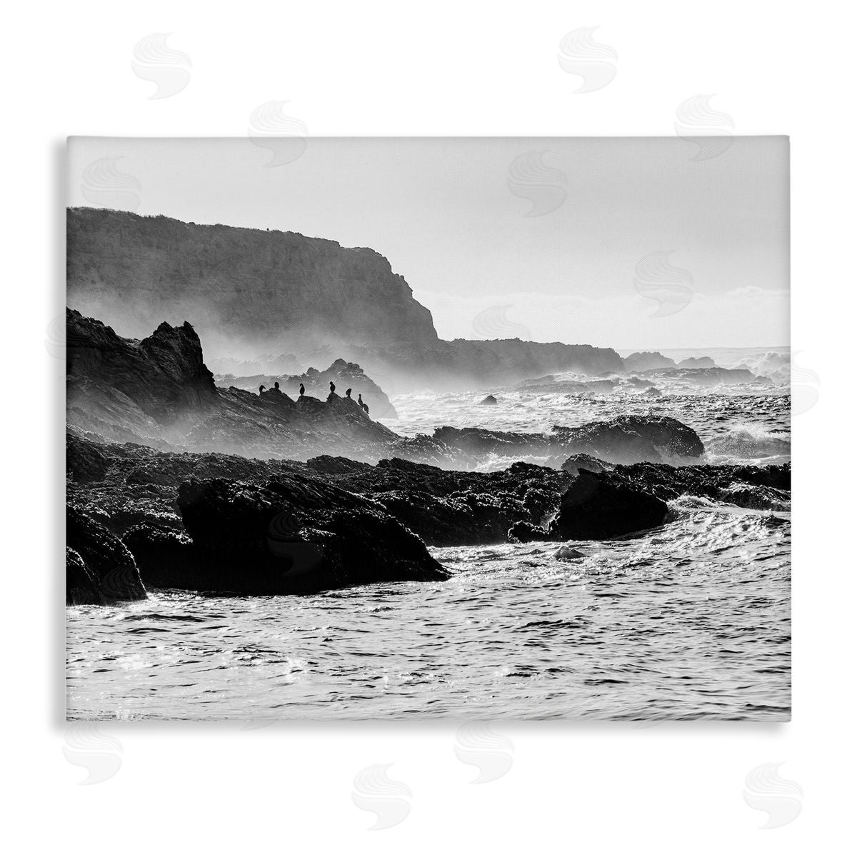 Steve Smith Rocky Ocean Shoreline Waves Distant Birds Perched  Stretched Canvas Wall Art Print