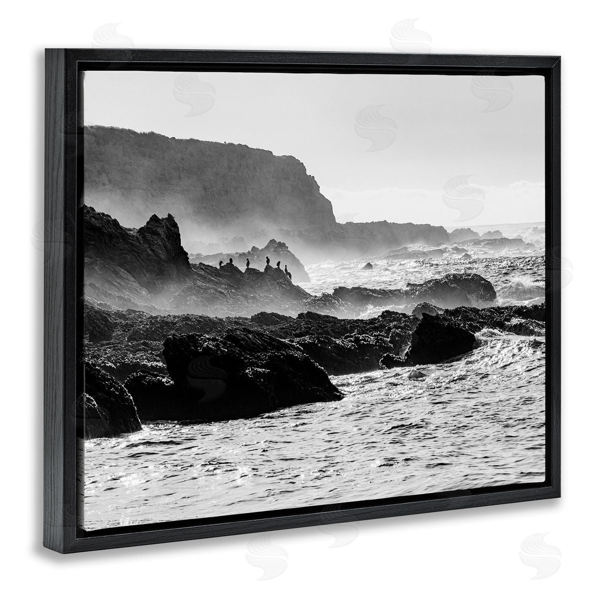 Steve Smith Rocky Ocean Shoreline Waves Distant Birds Perched  Black Floating Frame Canvas Wall Art Print