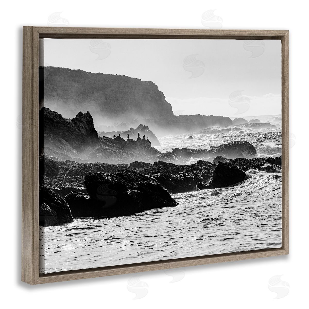 Steve Smith Rocky Ocean Shoreline Waves Distant Birds Perched  Brown Floating Frame Canvas Wall Art Print