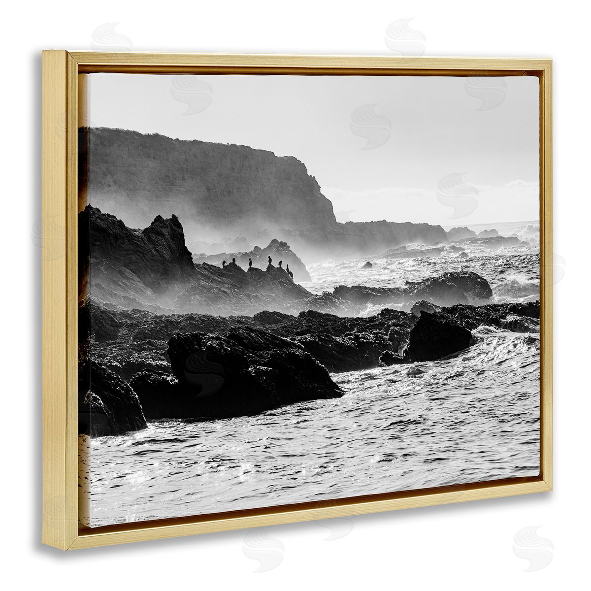 Steve Smith Rocky Ocean Shoreline Waves Distant Birds Perched  Gold Floating Frame Canvas Wall Art Print