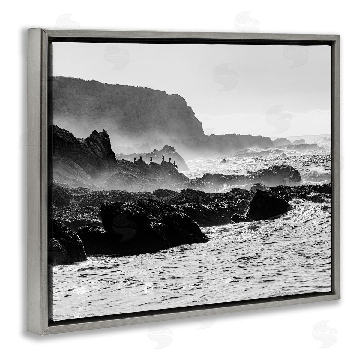 Steve Smith Rocky Ocean Shoreline Waves Distant Birds Perched  Gray Floating Frame Canvas Wall Art Print