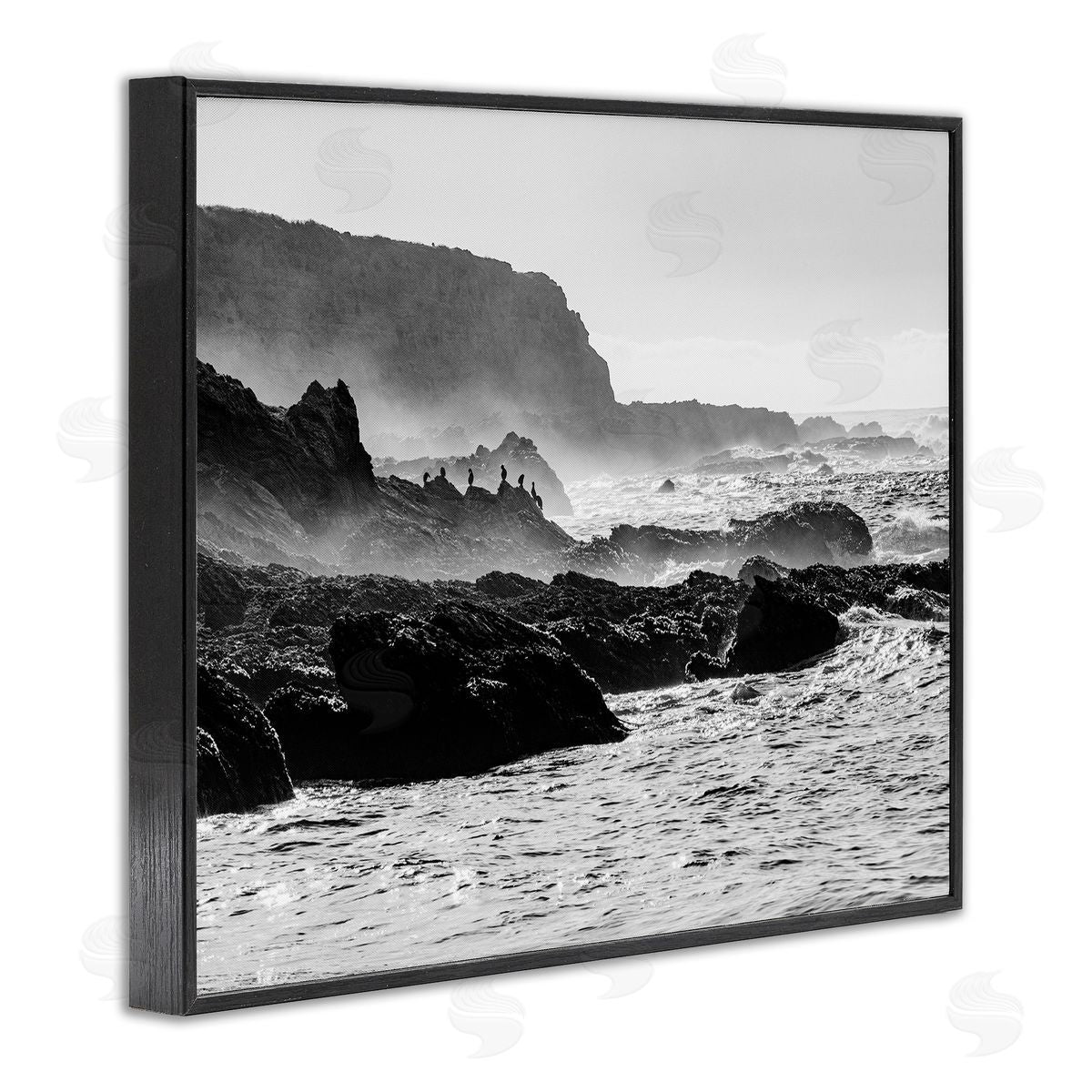Steve Smith Rocky Ocean Shoreline Waves Distant Birds Perched  Black Framed Giclee Wall Art Print