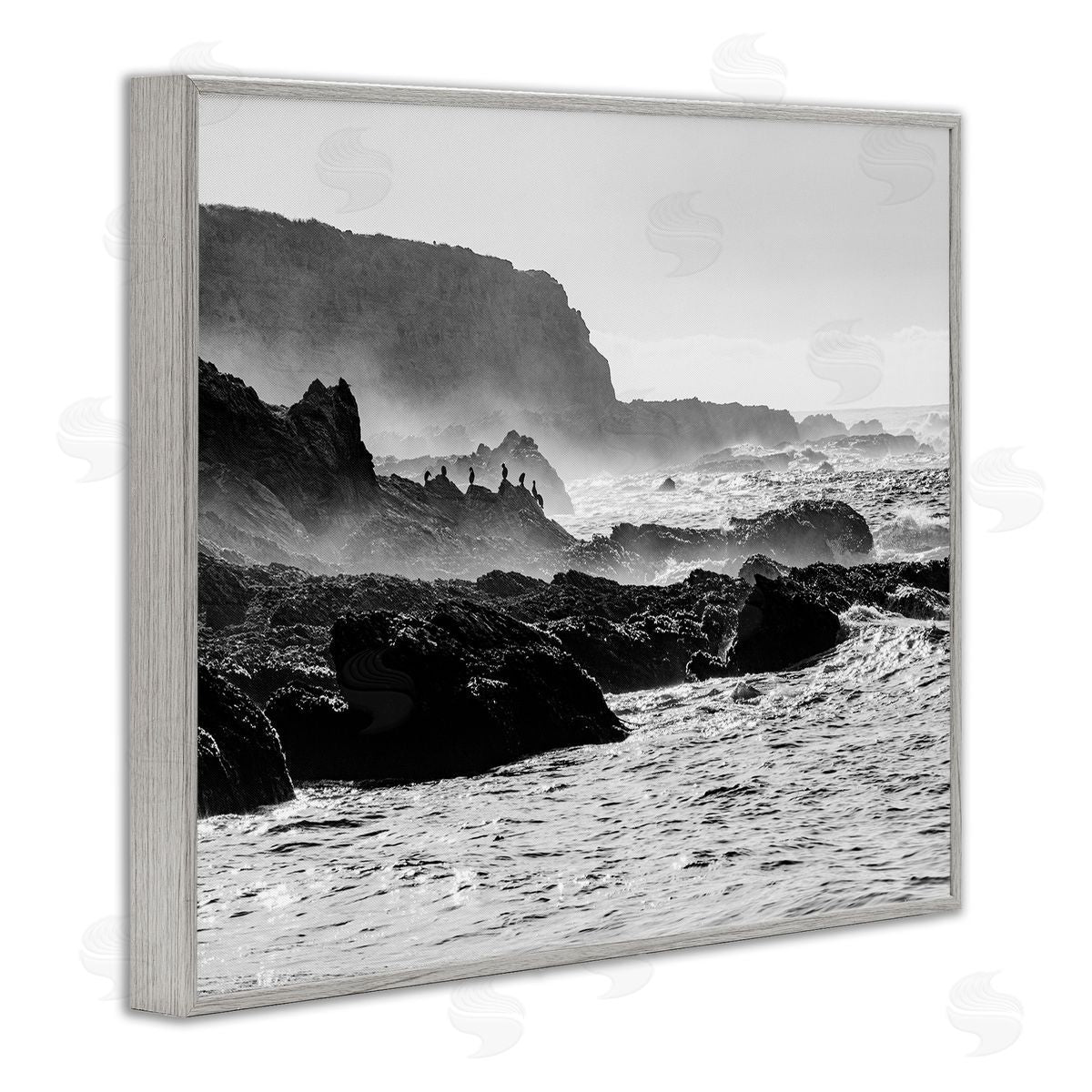 Steve Smith Rocky Ocean Shoreline Waves Distant Birds Perched  Gray Framed Giclee Wall Art Print