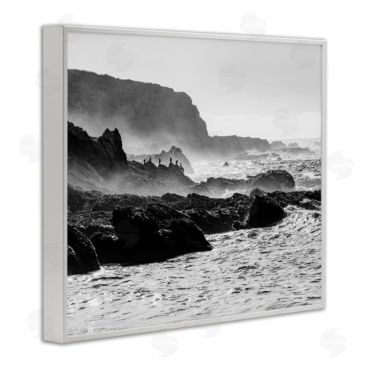 Steve Smith Rocky Ocean Shoreline Waves Distant Birds Perched  White Framed Giclee Wall Art Print