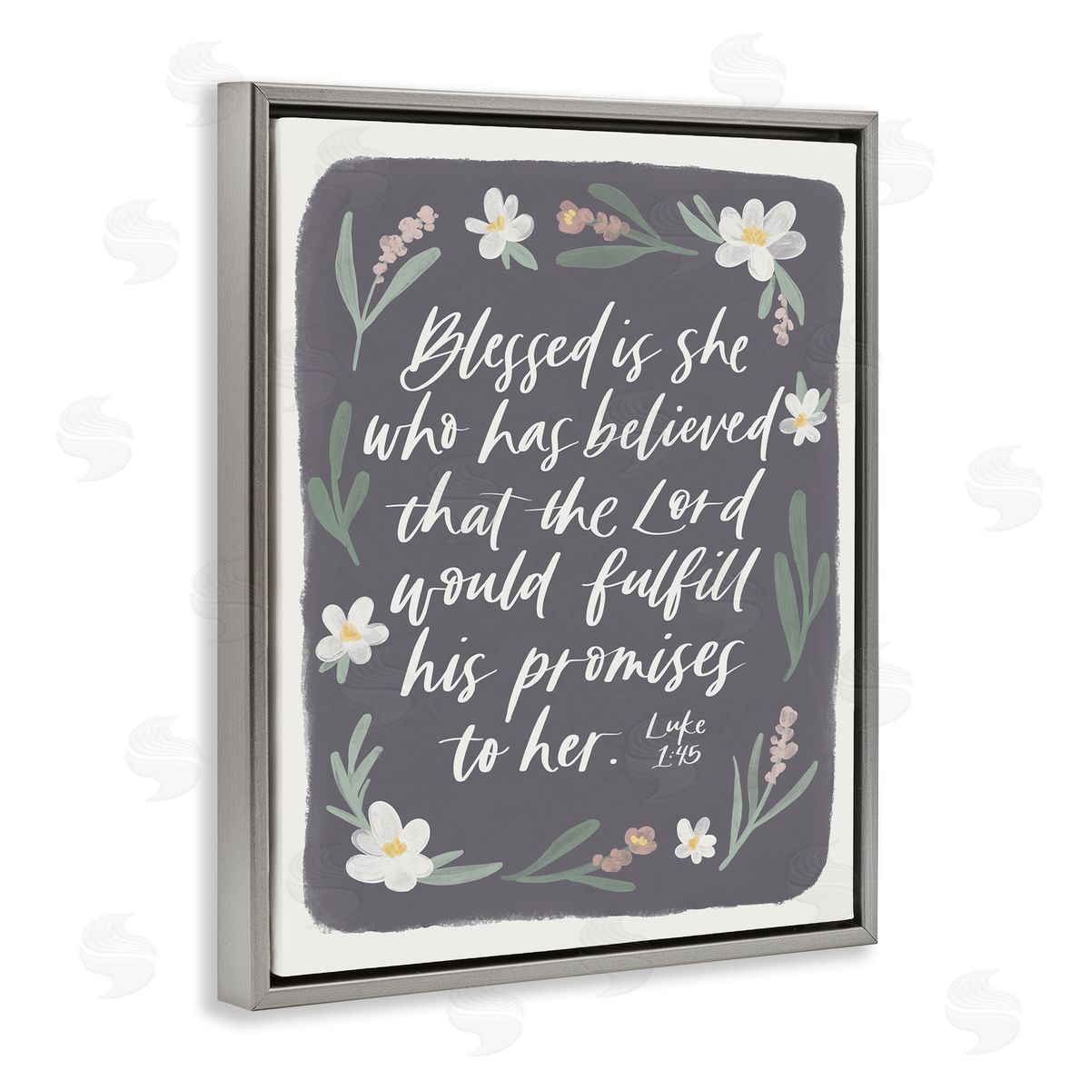 Amanda Houston Floral Religious Verse Calligraphy Script Botanical   Gray Floating Frame Canvas Wall Art Print