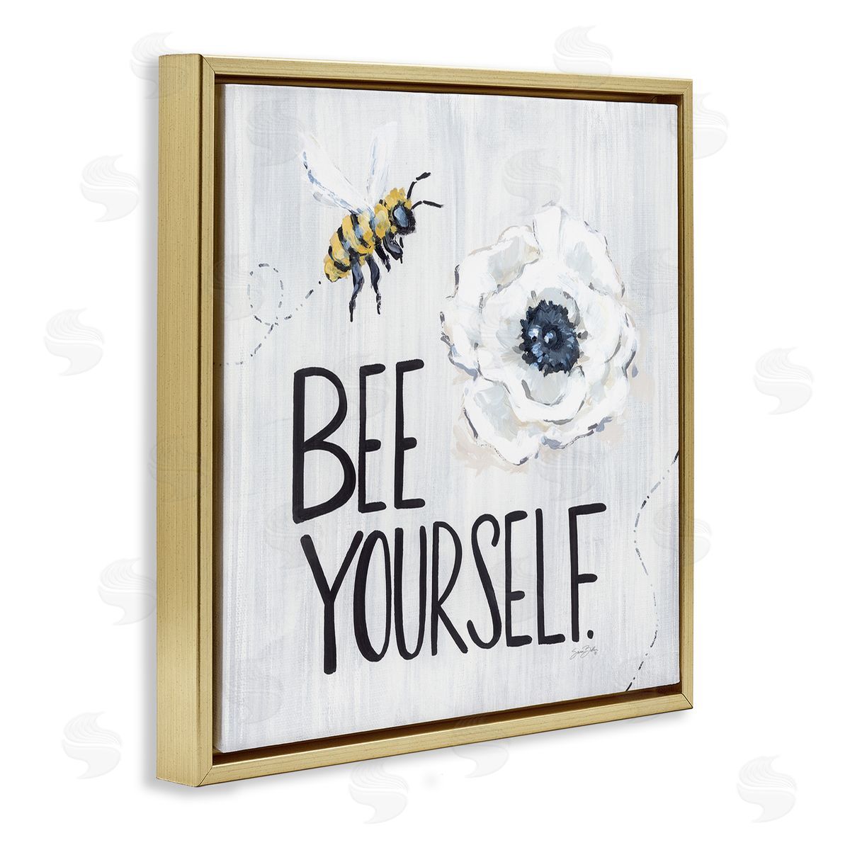 Sara Baker Bee Yourself Inspirational Phrase Bumble Flower Blossom Gold Floating Frame Canvas Wall Art Print