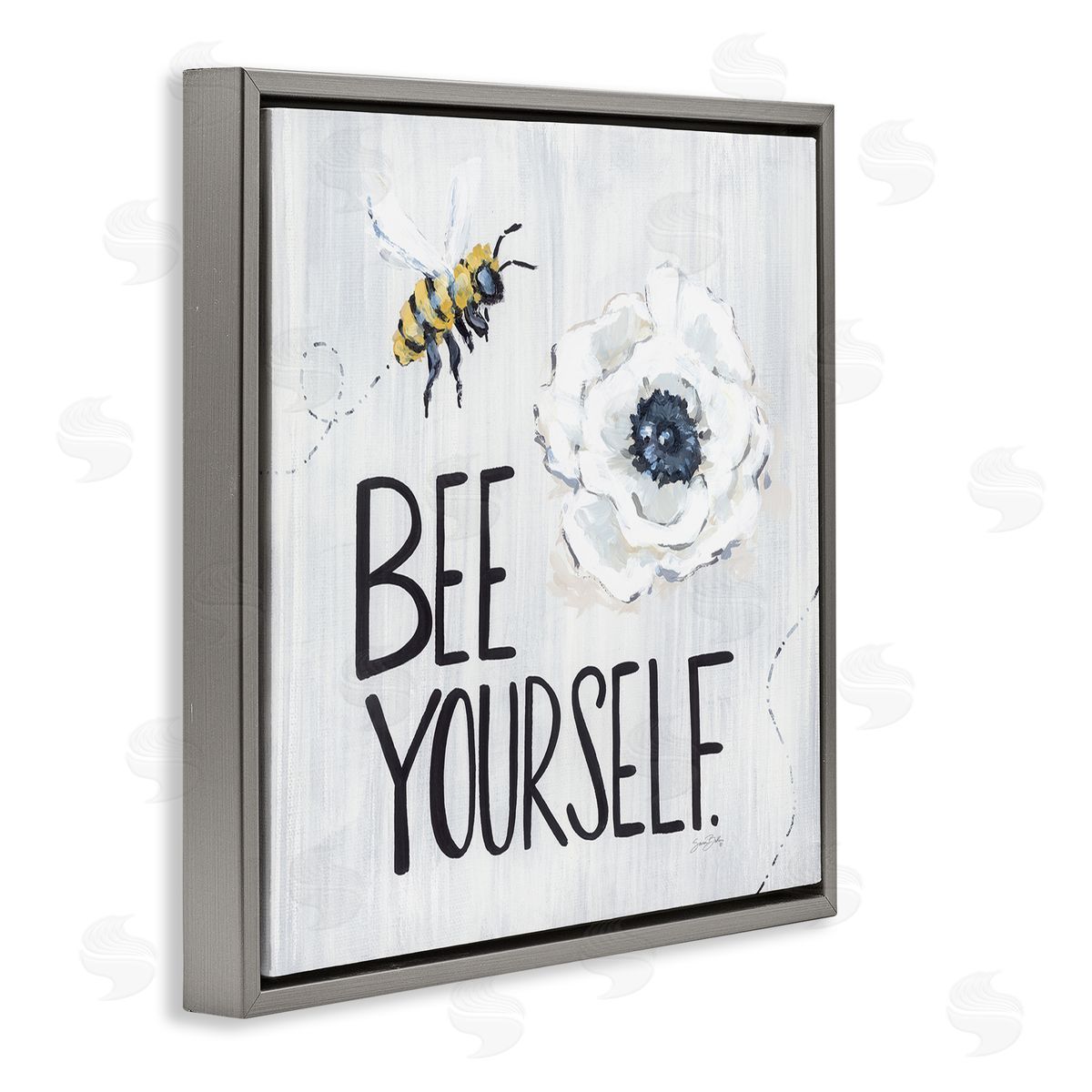 Sara Baker Bee Yourself Inspirational Phrase Bumble Flower Blossom Gray Floating Frame Canvas Wall Art Print