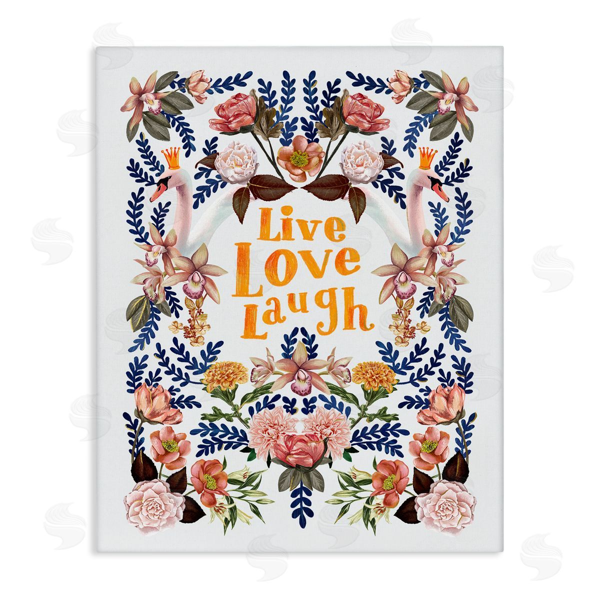 Raquel Maciel Live Love Laugh Floral Crowned Swans Botanical Trim Stretched Canvas Wall Art Print