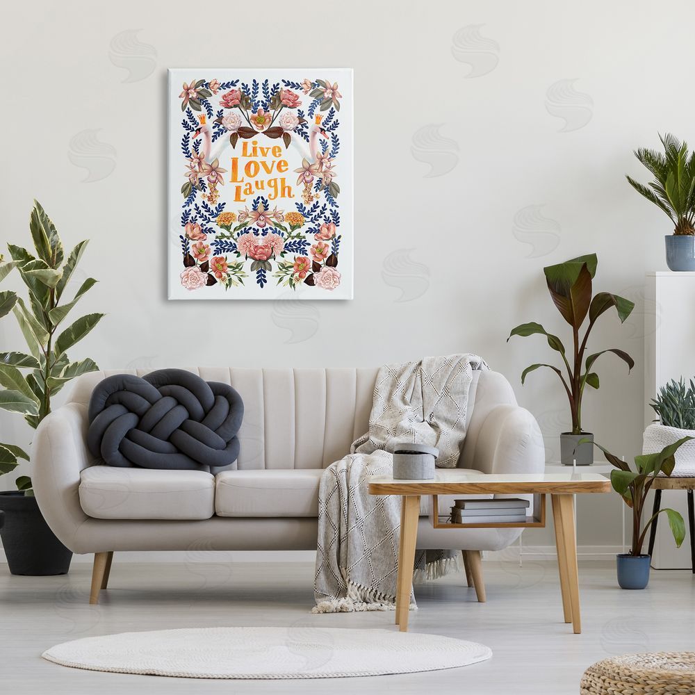 Raquel Maciel Live Love Laugh Floral Crowned Swans Botanical Trim Canvas Wall Art Print in Room