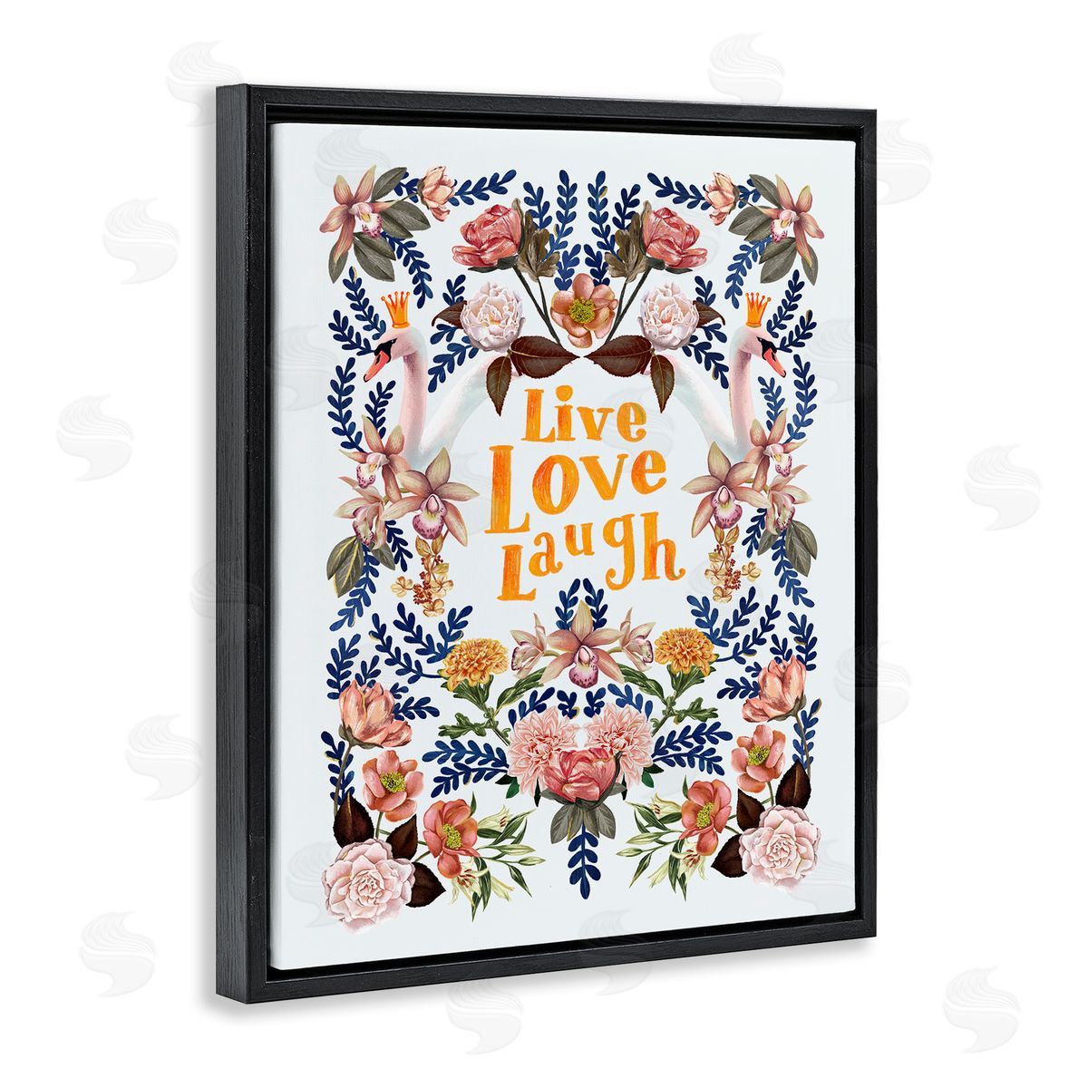 Raquel Maciel Live Love Laugh Floral Crowned Swans Botanical Trim Black Floating Frame Canvas Wall Art Print