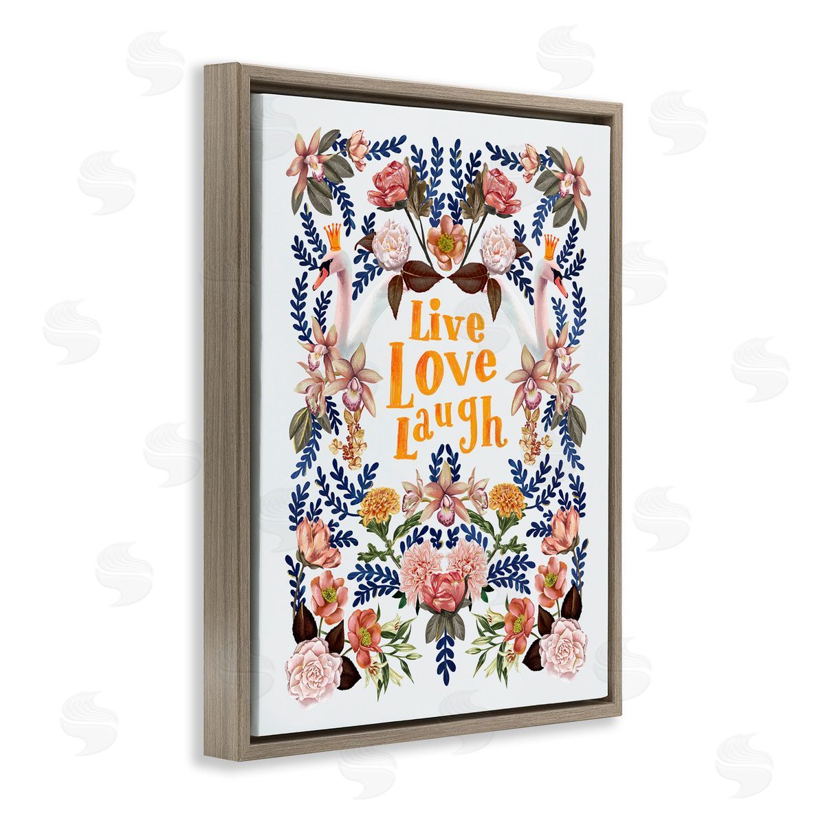Raquel Maciel Live Love Laugh Floral Crowned Swans Botanical Trim Brown Floating Frame Canvas Wall Art Print
