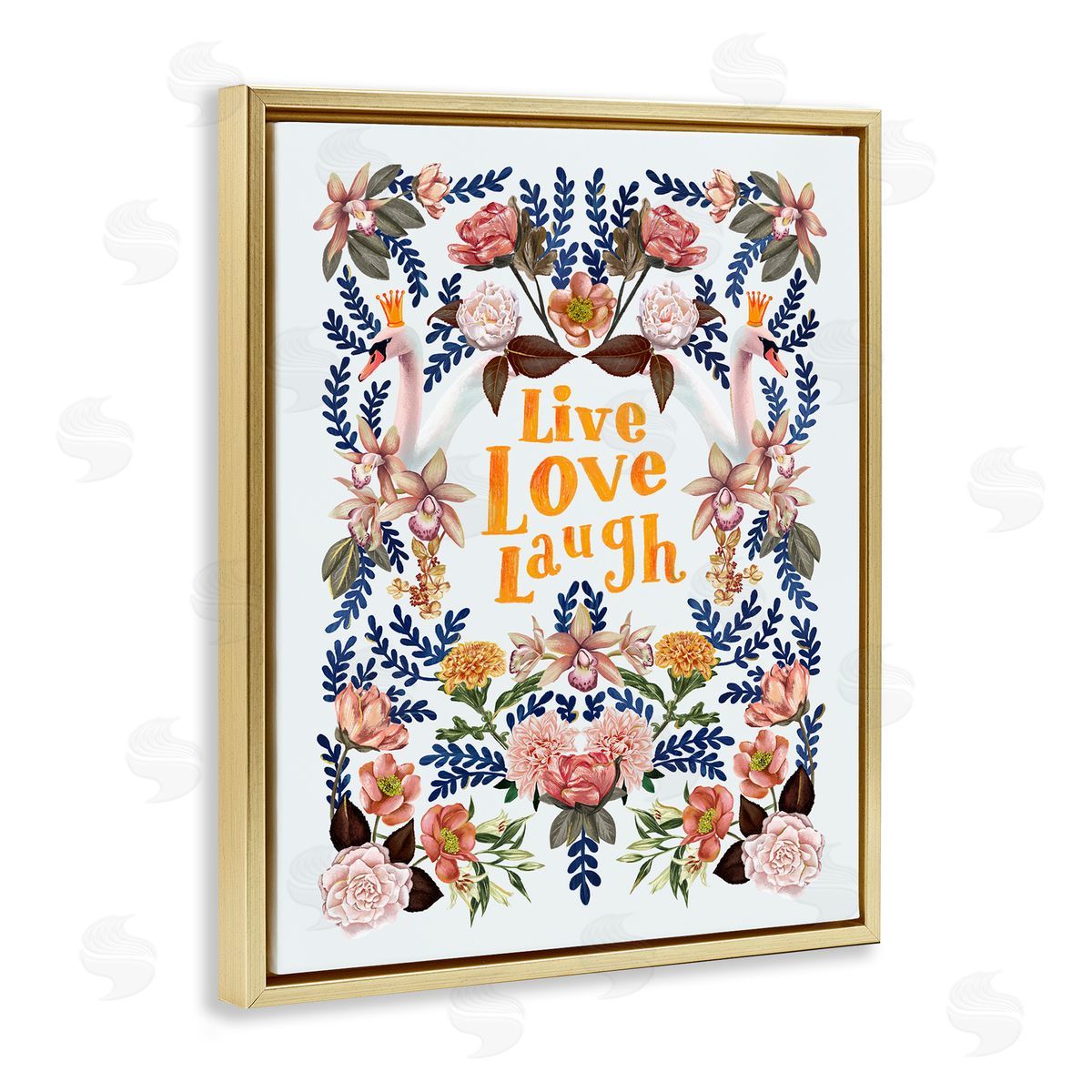 Raquel Maciel Live Love Laugh Floral Crowned Swans Botanical Trim Gold Floating Frame Canvas Wall Art Print