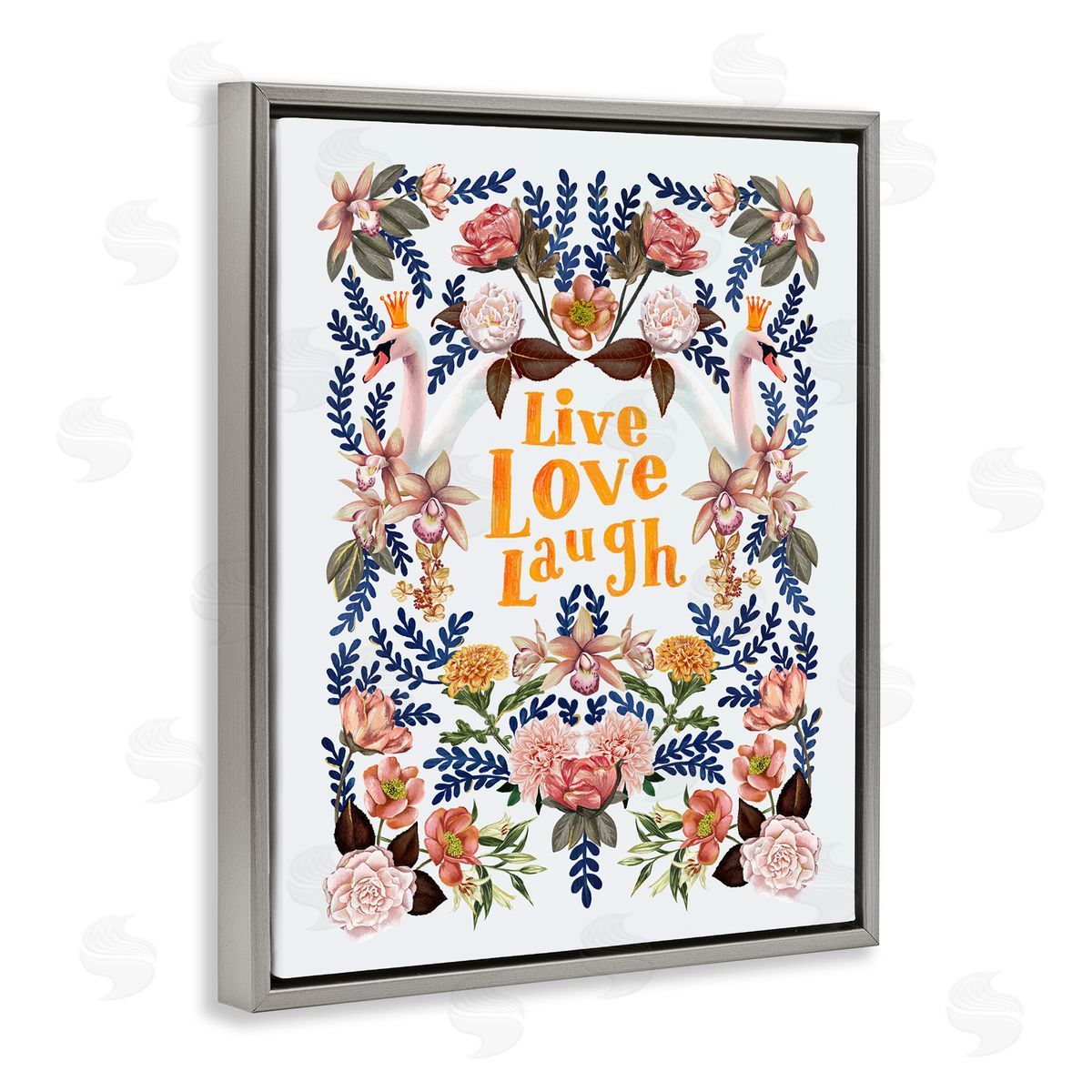 Raquel Maciel Live Love Laugh Floral Crowned Swans Botanical Trim Gray Floating Frame Canvas Wall Art Print