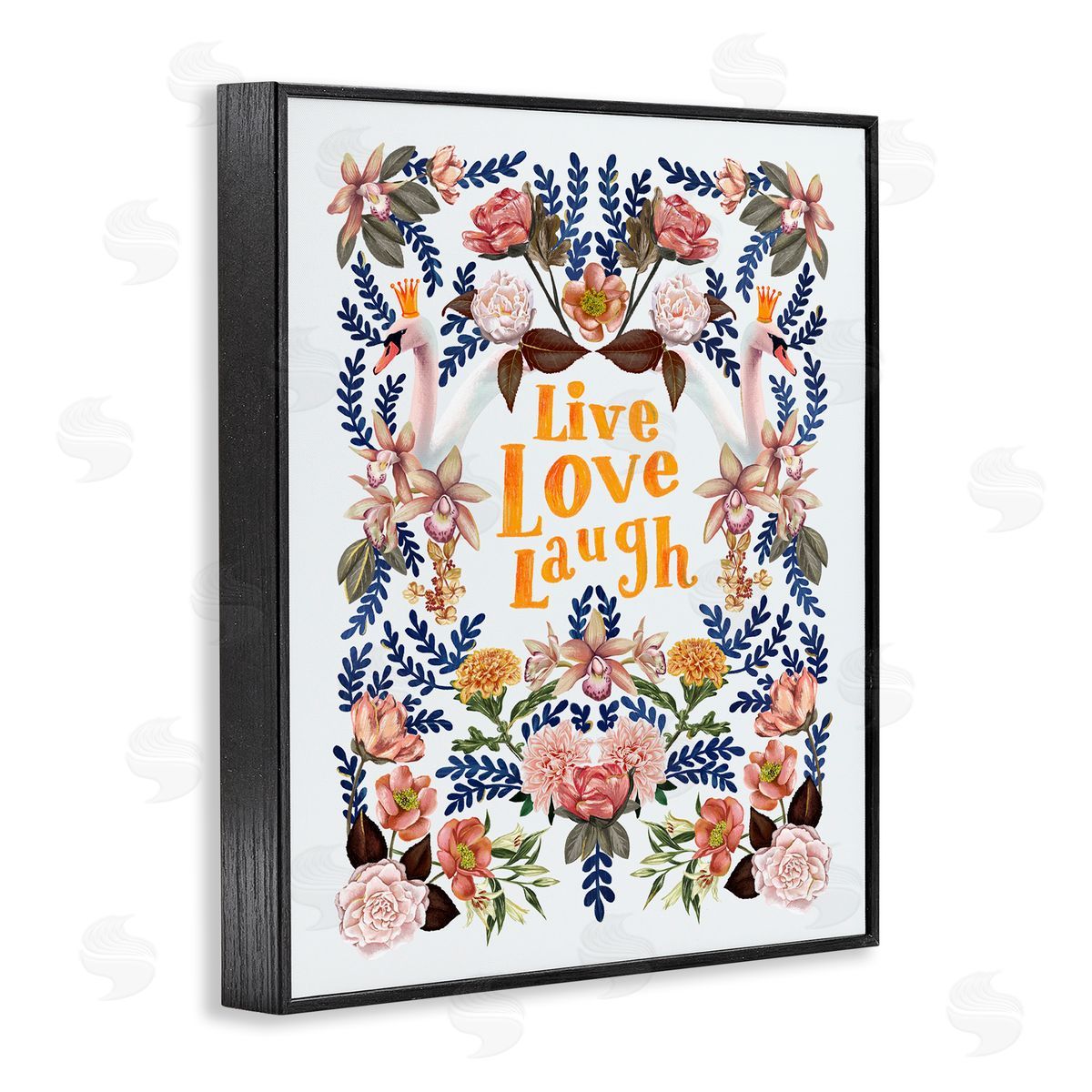 Raquel Maciel Live Love Laugh Floral Crowned Swans Botanical Trim Black Framed Giclee Wall Art Print