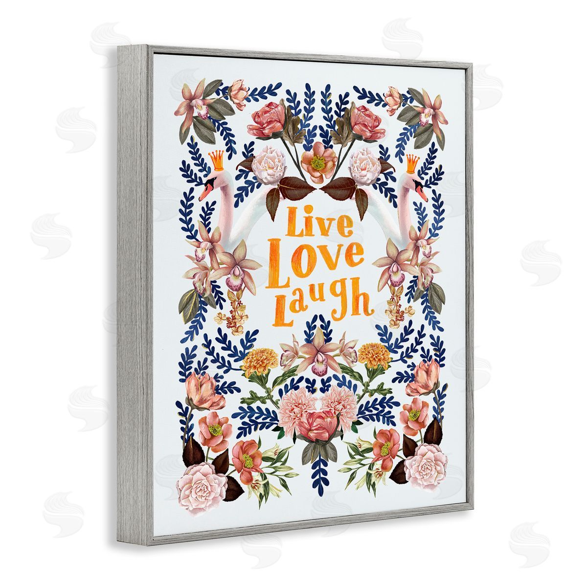 Raquel Maciel Live Love Laugh Floral Crowned Swans Botanical Trim Gray Framed Giclee Wall Art Print