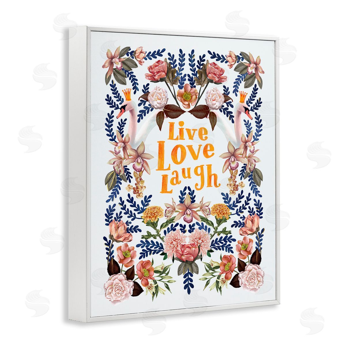 Raquel Maciel Live Love Laugh Floral Crowned Swans Botanical Trim White Framed Giclee Wall Art Print