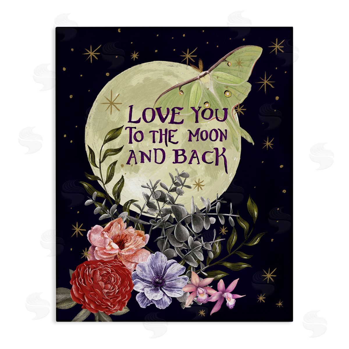 Raquel Maciel Love You Moonlit Night Sky Luna Moth Flowers Stretched Canvas Wall Art Print