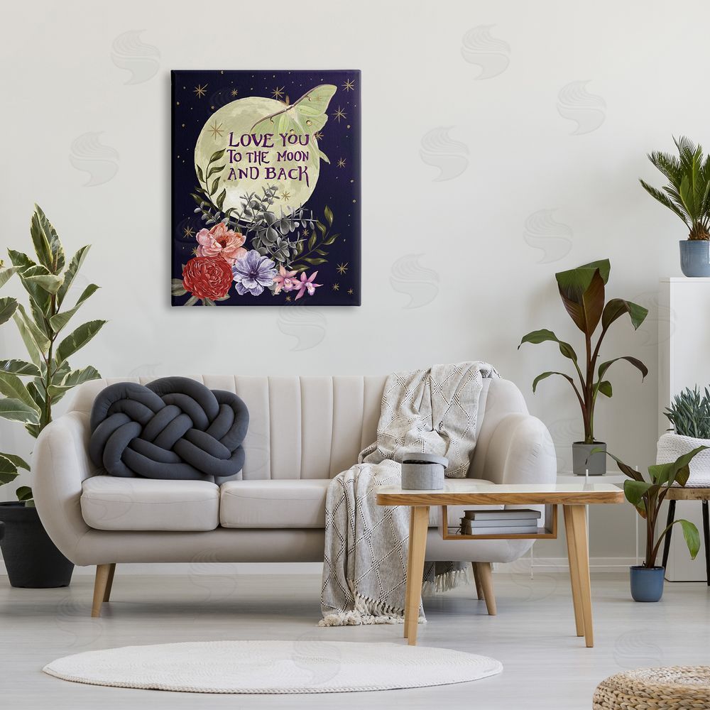 Raquel Maciel Love You Moonlit Night Sky Luna Moth Flowers Canvas Wall Art Print in Room