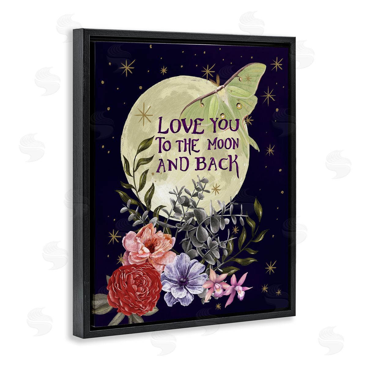 Raquel Maciel Love You Moonlit Night Sky Luna Moth Flowers Black Floating Frame Canvas Wall Art Print