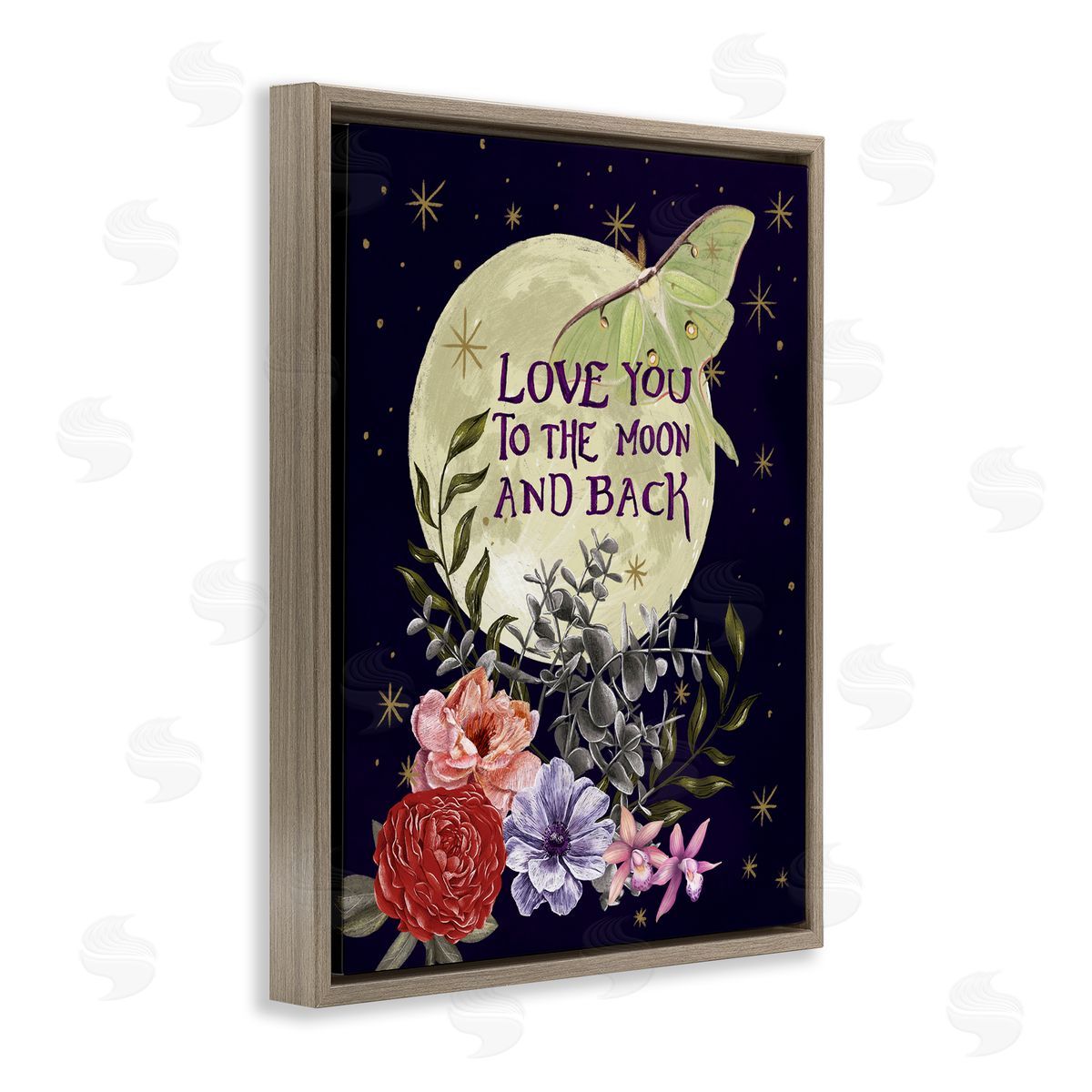Raquel Maciel Love You Moonlit Night Sky Luna Moth Flowers Brown Floating Frame Canvas Wall Art Print