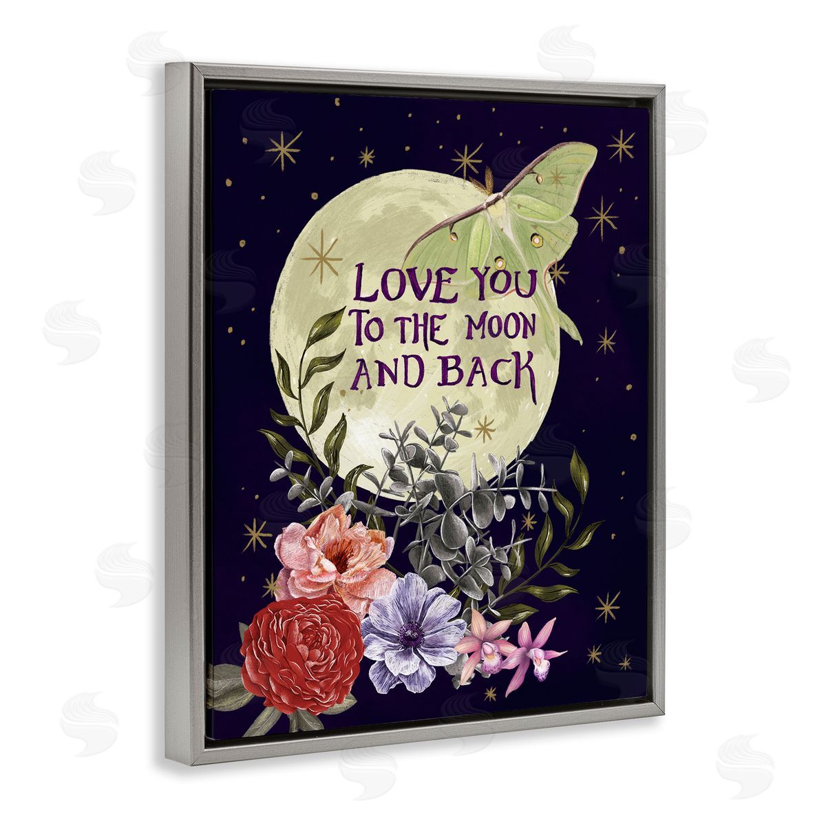 Raquel Maciel Love You Moonlit Night Sky Luna Moth Flowers Gray Floating Frame Canvas Wall Art Print
