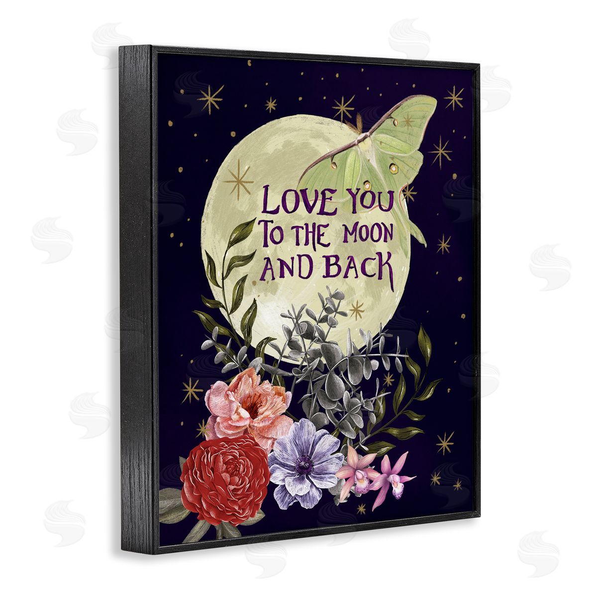 Raquel Maciel Love You Moonlit Night Sky Luna Moth Flowers Black Framed Giclee Wall Art Print