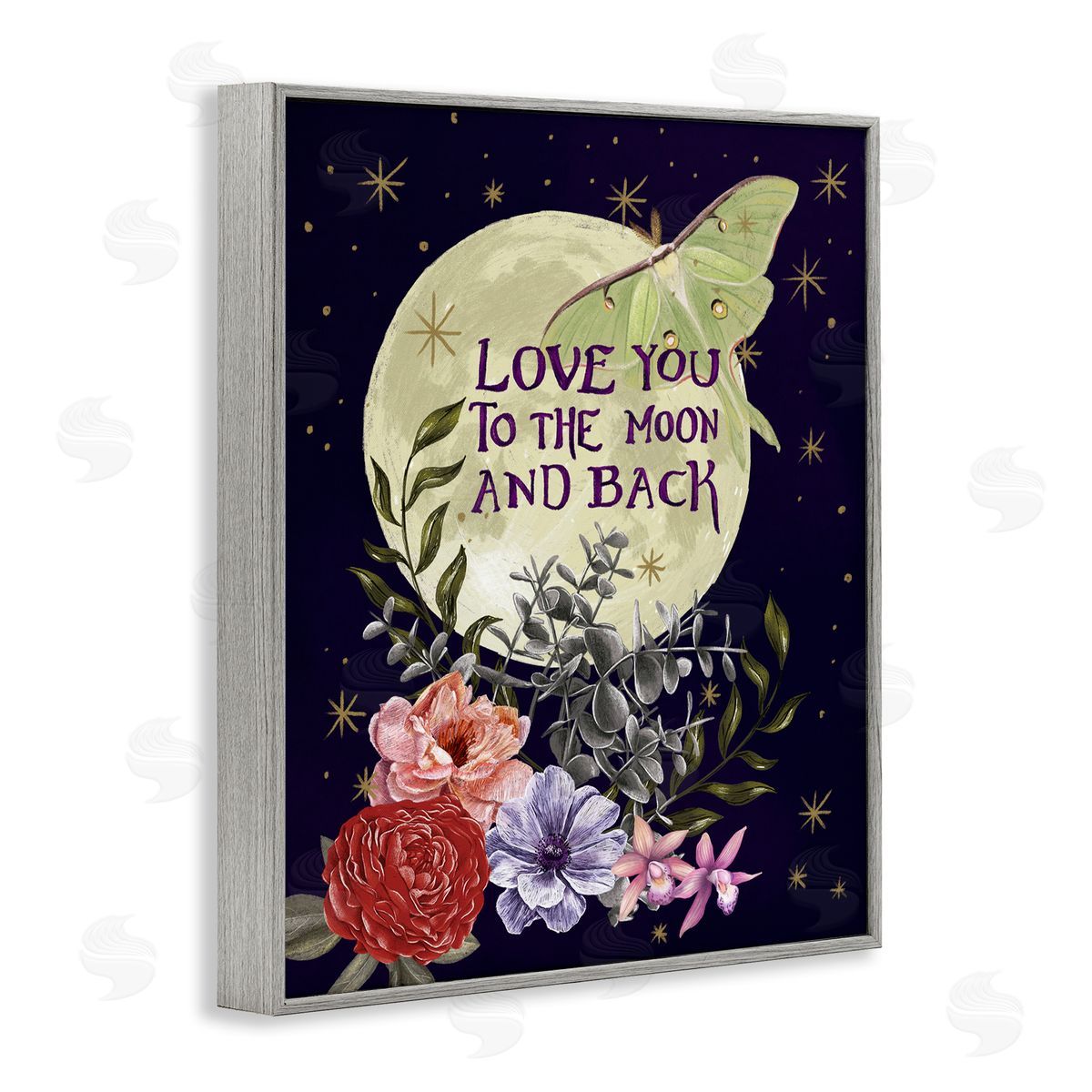 Raquel Maciel Love You Moonlit Night Sky Luna Moth Flowers Gray Framed Giclee Wall Art Print