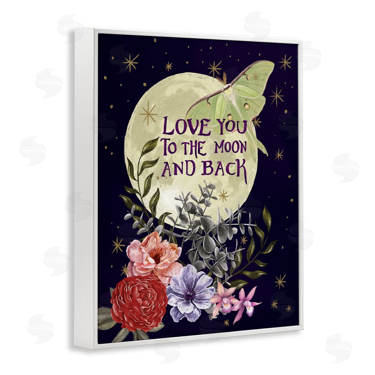 Raquel Maciel Love You Moonlit Night Sky Luna Moth Flowers White Framed Giclee Wall Art Print