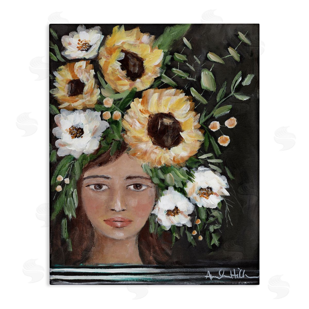 Amanda Hilburn Girl Wearing Flower Crown Yellow White Blossoms Painting Stretched Canvas Wall Art Print