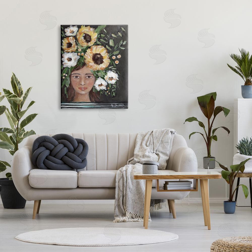 Amanda Hilburn Girl Wearing Flower Crown Yellow White Blossoms Painting Canvas Wall Art Print in Room