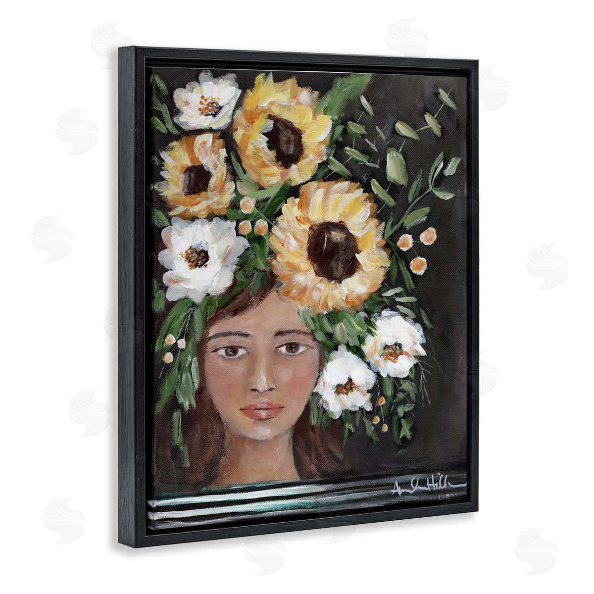 Amanda Hilburn Girl Wearing Flower Crown Yellow White Blossoms Painting Black Floating Frame Canvas Wall Art Print