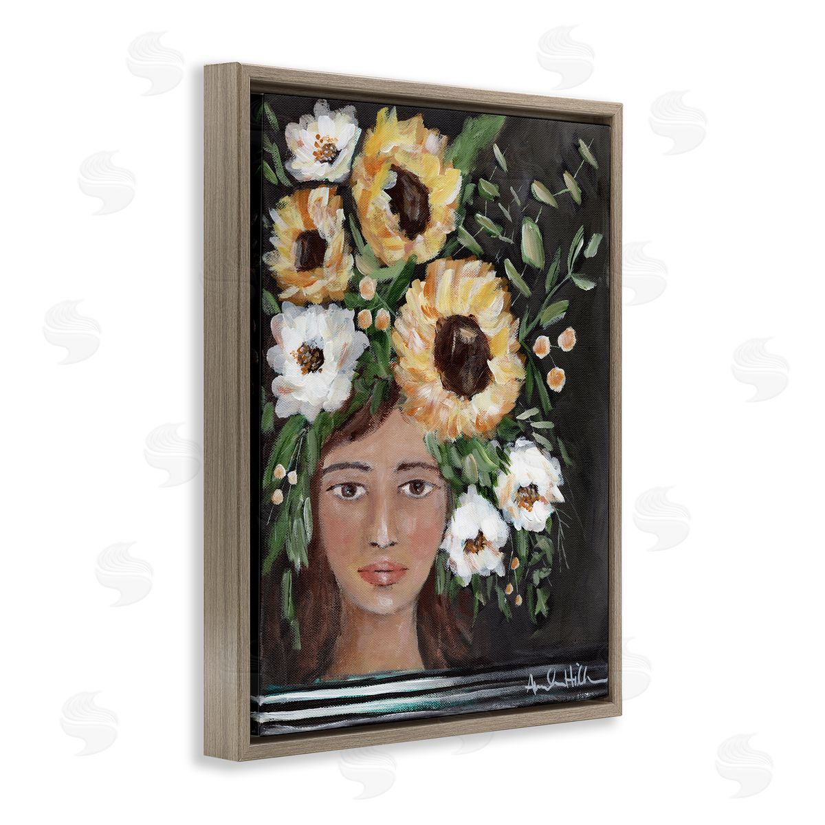 Amanda Hilburn Girl Wearing Flower Crown Yellow White Blossoms Painting Brown Floating Frame Canvas Wall Art Print