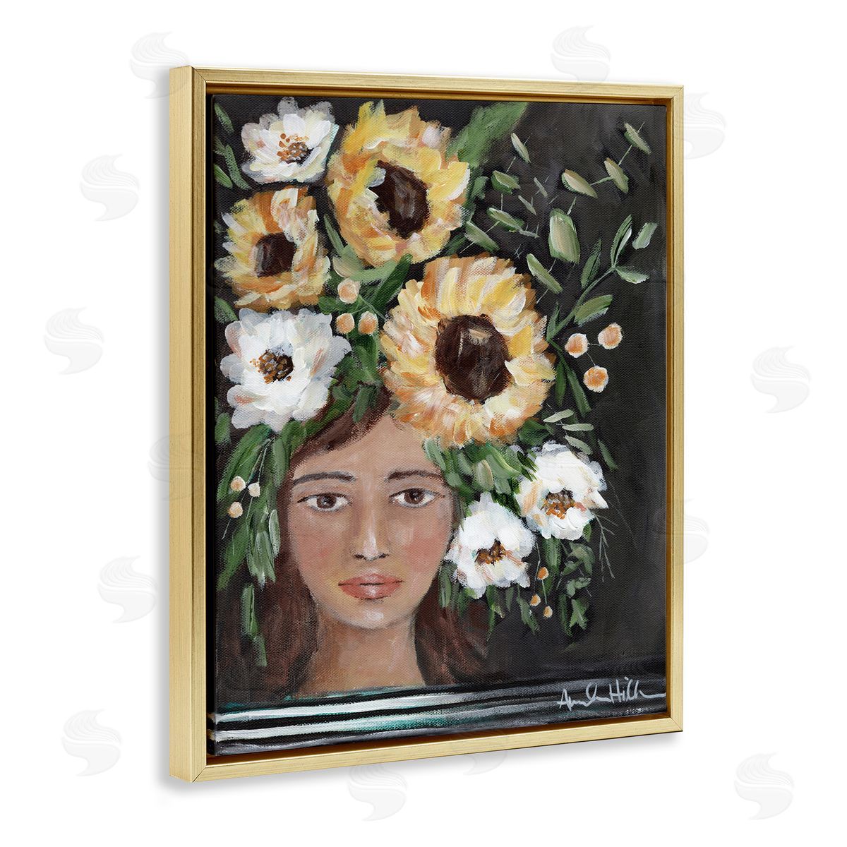 Amanda Hilburn Girl Wearing Flower Crown Yellow White Blossoms Painting Gold Floating Frame Canvas Wall Art Print