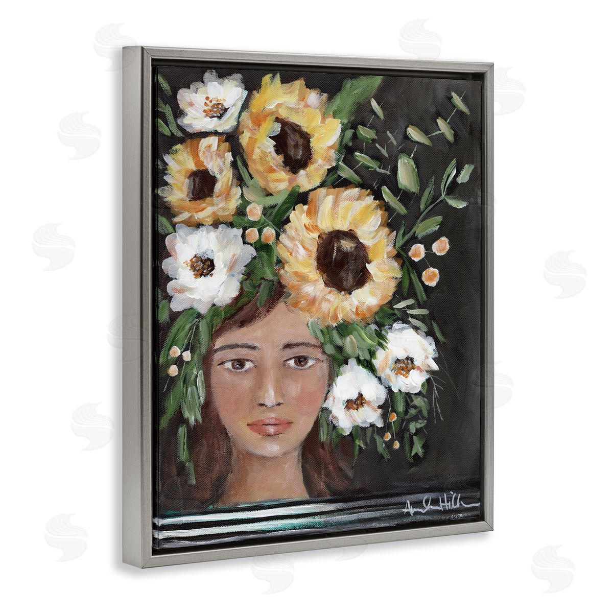 Amanda Hilburn Girl Wearing Flower Crown Yellow White Blossoms Painting Gray Floating Frame Canvas Wall Art Print