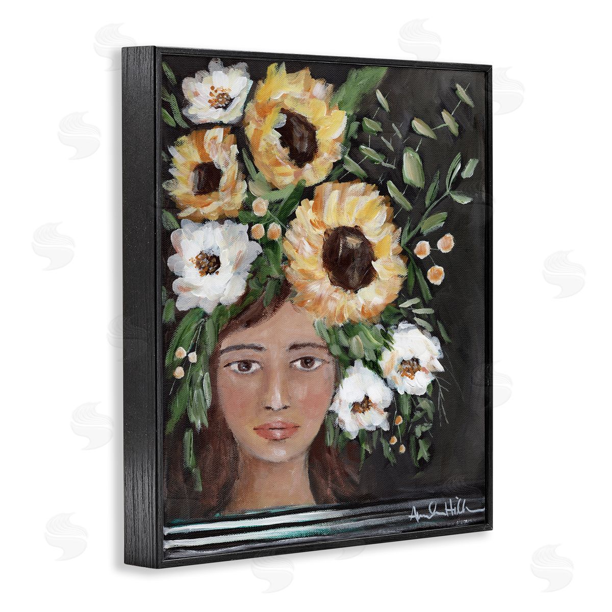 Amanda Hilburn Girl Wearing Flower Crown Yellow White Blossoms Painting Black Framed Giclee Wall Art Print