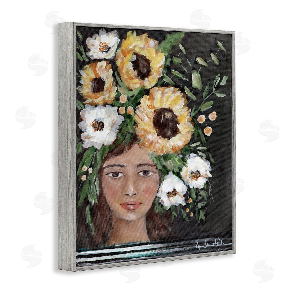 Amanda Hilburn Girl Wearing Flower Crown Yellow White Blossoms Painting Gray Framed Giclee Wall Art Print