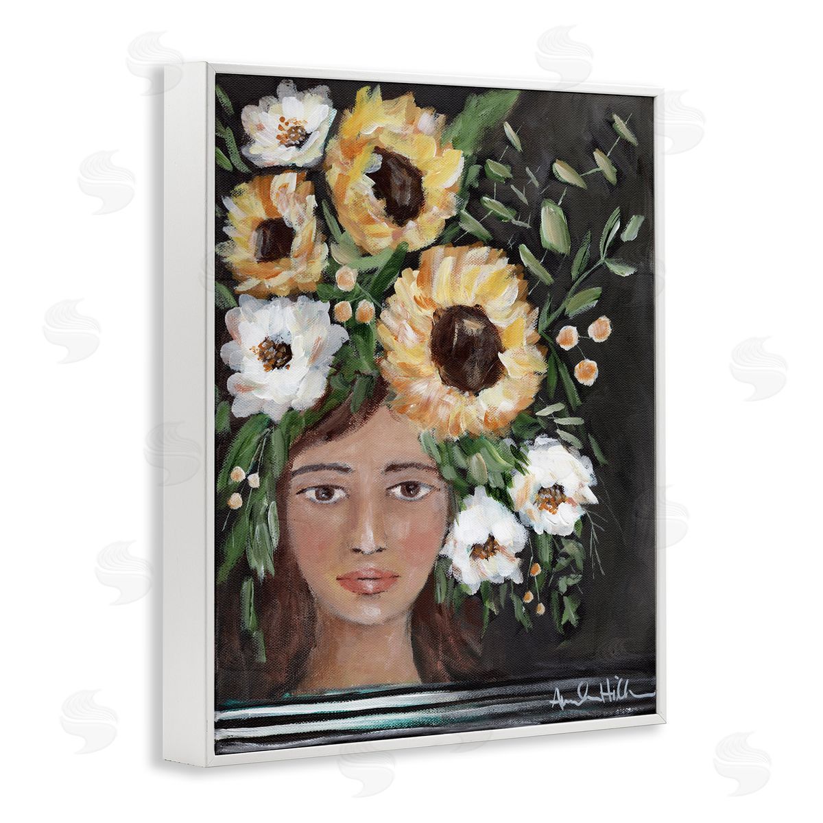 Amanda Hilburn Girl Wearing Flower Crown Yellow White Blossoms Painting White Framed Giclee Wall Art Print