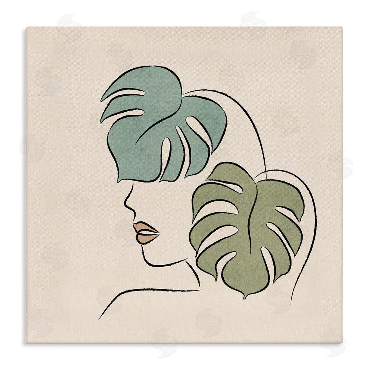 JJ Design House LLC Abstract Woman Face Monstera Plant Leaf Doodle Stretched Canvas Wall Art Print