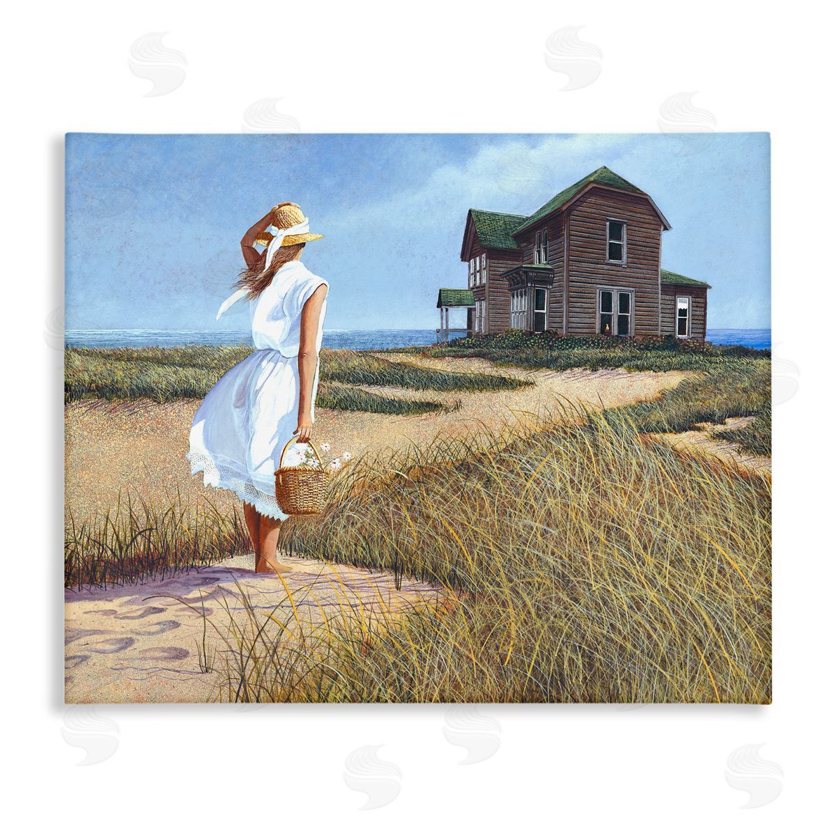 Tom Mielko Woman Standing Windswept Breeze Distant Beach House Stretched Canvas Wall Art Print