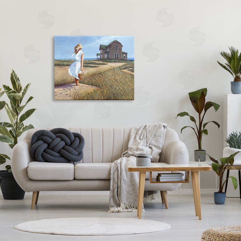 Tom Mielko Woman Standing Windswept Breeze Distant Beach House Canvas Wall Art Print in Room
