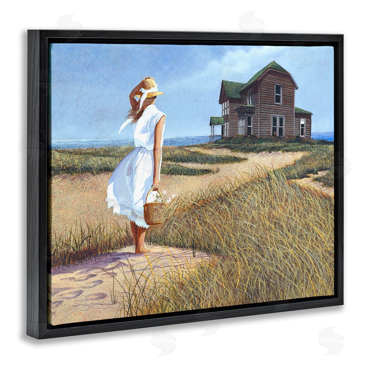 Tom Mielko Woman Standing Windswept Breeze Distant Beach House Black Floating Frame Canvas Wall Art Print